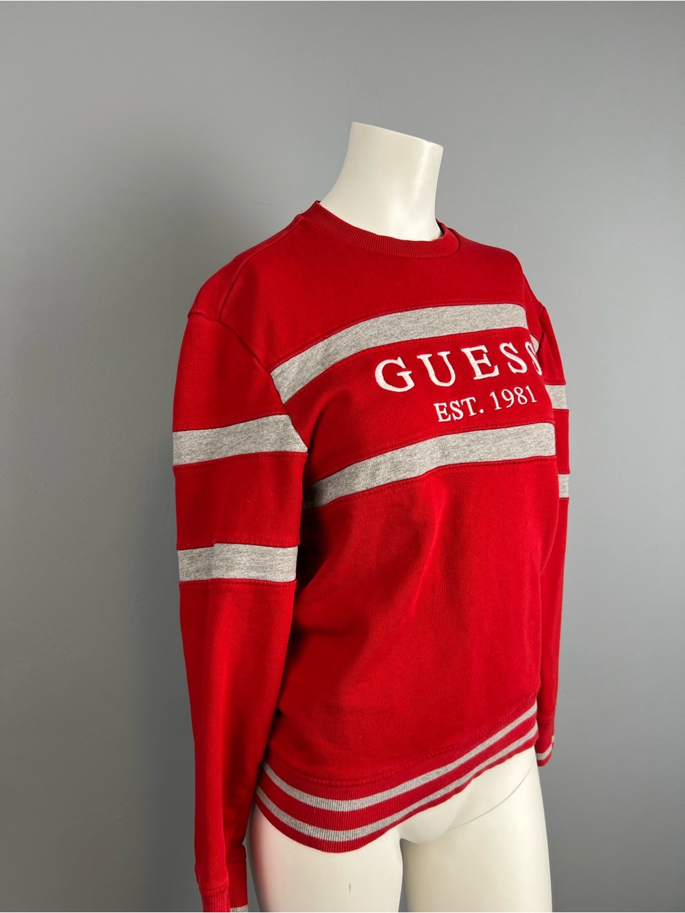 GUESS Red Crewneck Sweater with Gray Stripes and Logo